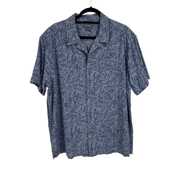 Eddie Bauer Blue Leaf Print Short Sleeve Button Down Hemp Blend Mens Large - Picture 1 of 6